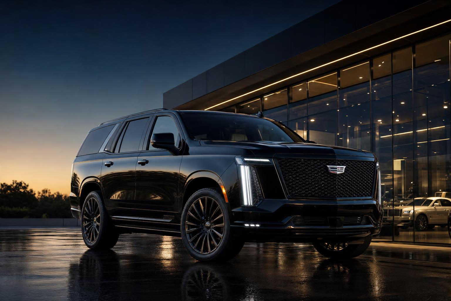 Black 2026 Cadillac Escalade at a luxury showroom at dusk